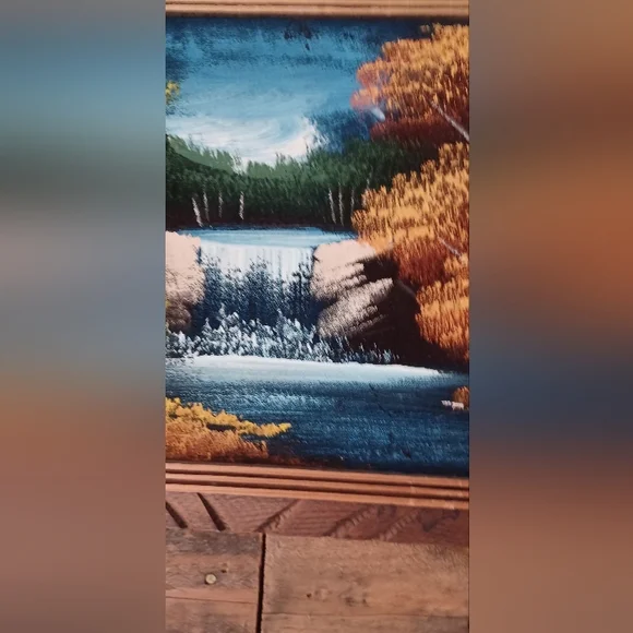 Pair (2) Velvet Landscape Paintings Waterfall Lake Trees Frame MCM Retro EUC